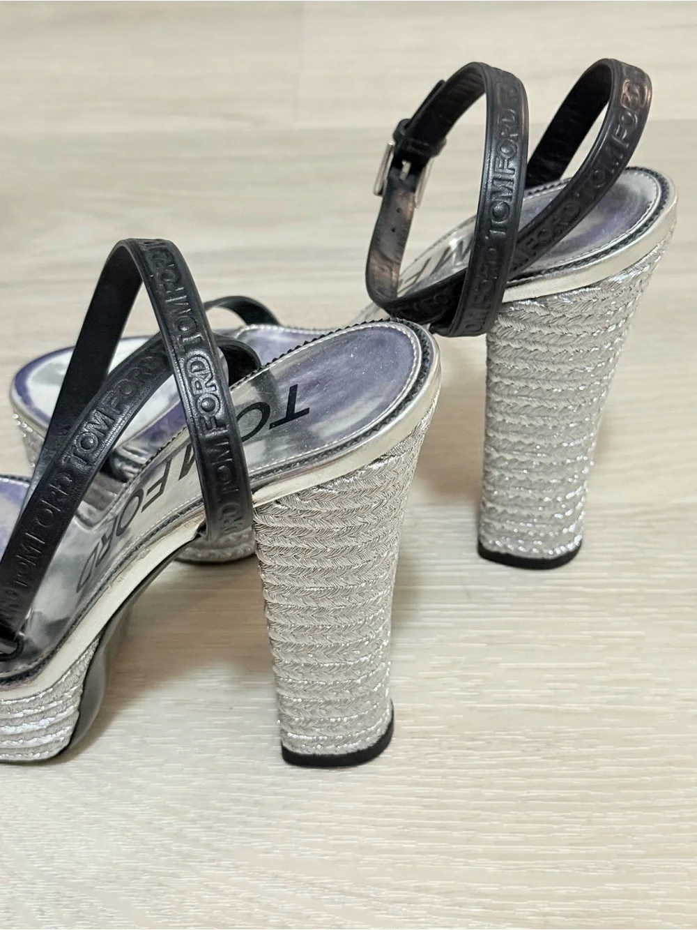 Tom Ford Silver and Black Platform Espadrille Sandals